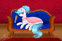 Size: 1024x678 | Tagged: alternate hairstyle, artist:ayame-shiro, couch, cute, derpibooru import, drink, drinking, flower, french, frenchy-ponies, magic, magic aura, oc, oc:flora prima, ponytail, safe, sitting, solo, unofficial characters only