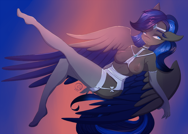 Size: 900x642 | Tagged: abstract background, anthro, anthro oc, artist:kairaanix, bedroom eyes, breasts, clothes, derpibooru import, evening gloves, female, garter belt, gloves, lingerie, long gloves, mare, nipples, nudity, oc, partial nudity, pegasus, plantigrade anthro, questionable, socks, solo, solo female, stockings, thigh highs, topless, underwear, unofficial characters only, white underwear