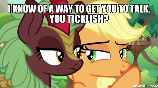 Size: 600x337 | Tagged: safe, derpibooru import, edit, edited screencap, screencap, applejack, cinder glow, summer flare, earth pony, kirin, pony, sounds of silence, caption, female, image macro, mare, meme, text, this will end in tickles, tickling