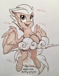 Size: 995x1280 | Tagged: safe, artist:airfly-pony, derpibooru import, fleetfoot, pegasus, pony, cheek fluff, chest fluff, cloud, cute, diafleetes, ear fluff, female, gift art, happy, ink drawing, inktober, inktober 2018, looking up, mare, monochrome, open mouth, rcf community, simple background, sky, smiling, solo, spread wings, traditional art, white background, wing fluff, wings