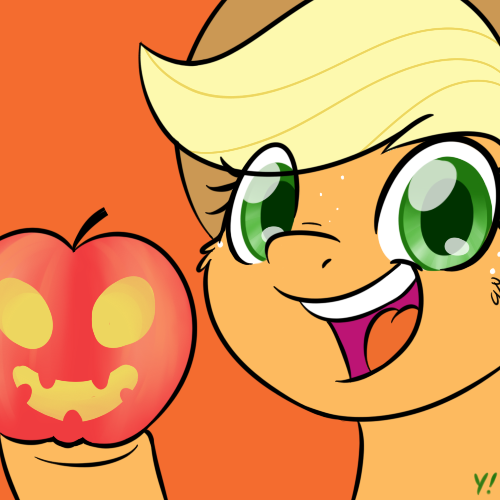 Size: 500x500 | Tagged: safe, artist:yakoshi, derpibooru import, applejack, earth pony, pony, apple, carving, cowboy hat, female, food, freckles, halloween, hat, holding, holiday, jack-o-lantern, looking at you, mare, open mouth, orange background, pumpkin, simple background, smiling, solo, underhoof