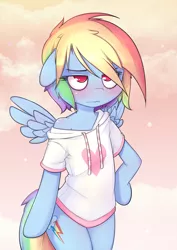 Size: 2829x4000 | Tagged: safe, artist:apony, derpibooru import, rainbow dash, pegasus, semi-anthro, bipedal, blushing, clothes, cloud, cute, dashabetes, female, heart, high res, hoodie, shirt, solo, wings