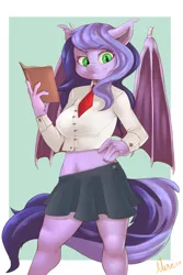 Size: 1000x1500 | Tagged: safe, artist:atane27, derpibooru import, oc, oc:midnight reverie, anthro, bat pony, anthro oc, bat pony oc, bat wings, book, breasts, clothes, female, hand on hip, mare, simple background, smiling, solo, wings