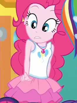 Size: 263x353 | Tagged: safe, derpibooru import, screencap, pinkie pie, rainbow dash, equestria girls, equestria girls series, rollercoaster of friendship, clothes, cropped, female, geode of sugar bombs, magical geodes, offscreen character, skirt, solo focus