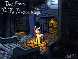 Size: 3950x3001 | Tagged: safe, artist:misstwipietwins, derpibooru import, fluttershy, pegasus, pony, fanfic:deep down in the dungeon walls, amnesia the dark descent, blood, column, crossover, crying, dungeon, fanfic art, female, folded wings, lantern, mare, mouth hold, solo, torch, wings