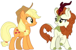 Size: 12374x8141 | Tagged: safe, artist:ejlightning007arts, derpibooru import, applejack, autumn blaze, earth pony, kirin, pony, sounds of silence, absurd resolution, cloven hooves, context is for the weak, cowboy hat, duo, female, freckles, hat, lidded eyes, mare, raised hoof, simple background, smiling, stetson, transparent background, vector