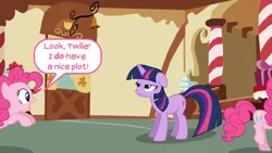 Size: 1600x900 | Tagged: safe, artist:pony-berserker, artist:quanno3, artist:thelastgherkin, artist:thorinair, derpibooru import, pinkie pie, twilight sparkle, earth pony, pony, unicorn, 2012, 2013, annoyed, butt, dialogue, duo, excited, female, floppy ears, frown, gimp, humor, indoors, joke, lidded eyes, mare, open mouth, pinkie being pinkie, plot, raised leg, rearing, speech bubble, standing, sugarcube corner, talking, unamused, vector, wide eyes
