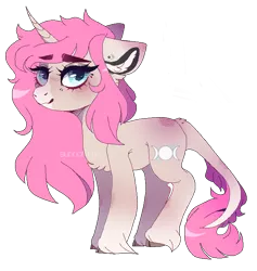 Size: 730x770 | Tagged: safe, artist:forestspirit, derpibooru import, oc, oc:tarot, unofficial characters only, classical unicorn, pony, unicorn, blushing, cloven hooves, commission, curved horn, digital art, ear piercing, female, floppy ears, freckles, horn, leonine tail, long mane, long tail, mare, palomino, piercing, pink mane, pixel art, simple background, smiling, solo, transparent background, unshorn fetlocks, ych result