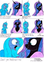 Size: 2476x3488 | Tagged: safe, artist:killerteddybear94, derpibooru import, nightmare moon, princess luna, anthro, :p, angry, brat, comic, cute, dialogue, madorable, moonabetes, s1 luna, shaming, silly, tongue out