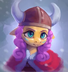 Size: 1100x1153 | Tagged: safe, artist:rodrigues404, derpibooru import, fluttershy, pony, abstract background, alternate hairstyle, bust, clothes, coat, cute, face paint, female, floppy ears, helmet, horned helmet, mare, portrait, shyabetes, solo, viking, viking helmet