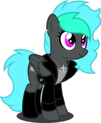 Size: 1280x1556 | Tagged: safe, artist:fletcherthehuntress, derpibooru import, oc, oc:liquid metal, pegasus, pony, clothes, female, jacket, mare, simple background, solo, transparent background