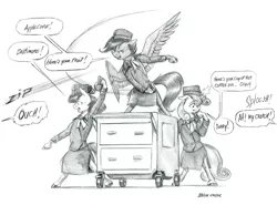 Size: 1400x1035 | Tagged: safe, artist:baron engel, derpibooru import, apple bloom, scootaloo, sweetie belle, earth pony, pegasus, pony, semi-anthro, unicorn, cart, cutie mark crusaders, dialogue, female, filly, flight attendant, grayscale, monochrome, pencil drawing, simple background, speech bubble, traditional art, trio, white background