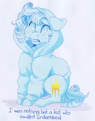 Size: 1360x1732 | Tagged: safe, artist:frozensoulpony, derpibooru import, oc, oc:ollie, pony, clothes, colt, crying, hoodie, male, parent:svengallop, solo, traditional art