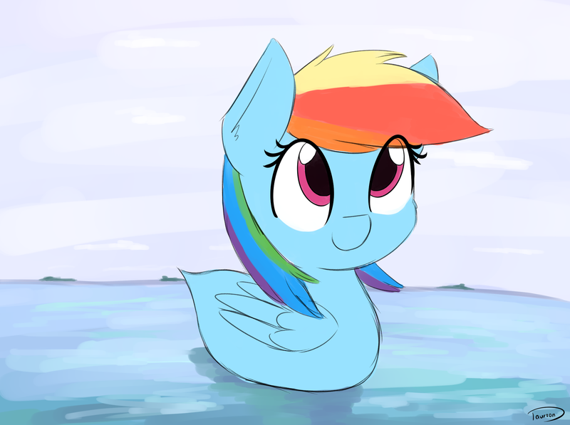 Size: 2193x1637 | Tagged: safe, artist:taurson, derpibooru import, rainbow dash, bird, duck, duck pony, original species, pegasus, birb, bonus ducks, cute, dashabetes, female, rainbow duck, smiling, solo, water, what has science done