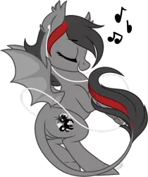 Size: 1024x1221 | Tagged: safe, artist:kellythedrawinguni, derpibooru import, oc, oc:silhouette umbrawing, bat pony, pony, earbuds, female, mare, music notes, simple background, solo, transparent background