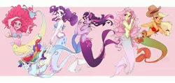 Size: 4096x1957 | Tagged: applejack, armpits, artist:skirtzzz, cowboy hat, derpibooru import, female, fluttershy, hat, mane six, mermaid, mermaidized, nail polish, pinkie pie, rainbow dash, rarity, safe, simple background, smiling, species swap, stetson, twilight sparkle