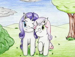 Size: 3216x2419 | Tagged: safe, artist:40kponyguy, derpibooru import, rarity, sweetie belle, pony, unicorn, cute, ear fluff, female, floppy ears, grass, one eye closed, raised hoof, siblings, sisters, traditional art, tree