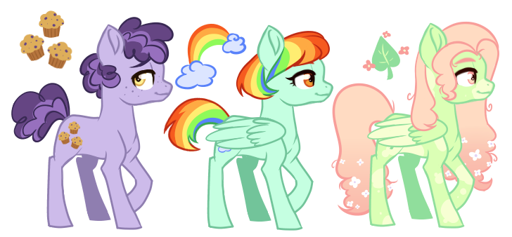 Size: 728x338 | Tagged: safe, artist:whalepornoz, derpibooru import, oc, oc:blueberry muffin, oc:color burst, oc:green leaf, unofficial characters only, earth pony, pegasus, pony, female, flower, flower in hair, freckles, magical lesbian spawn, male, mare, multicolored hair, offspring, parent:party favor, parent:pinkie pie, parent:rainbow dash, parent:spitfire, parent:tree hugger, parent:zephyr breeze, parents:partypie, parents:spitdash, parents:zephyrhugger, rainbow hair, simple background, stallion, transparent background