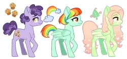 Size: 728x338 | Tagged: safe, artist:whalepornoz, derpibooru import, oc, oc:blueberry muffin, oc:color burst, oc:green leaf, unofficial characters only, earth pony, pegasus, pony, female, flower, flower in hair, freckles, magical lesbian spawn, male, mare, multicolored hair, offspring, parent:party favor, parent:pinkie pie, parent:rainbow dash, parent:spitfire, parent:tree hugger, parent:zephyr breeze, parents:partypie, parents:spitdash, parents:zephyrhugger, rainbow hair, simple background, stallion, transparent background