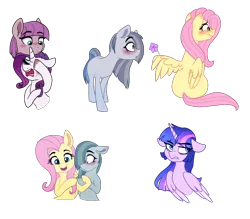 Size: 1230x1076 | Tagged: safe, artist:saphi-boo, derpibooru import, fluttershy, marble pie, maud pie, rarity, twilight sparkle, twilight sparkle (alicorn), alicorn, earth pony, pegasus, pony, unicorn, blushing, crying, female, flower, lesbian, makeup, marbleshy, mare, marshmelodrama, rarimaud, rarity being rarity, running makeup, shipping, simple background, transparent background, wing hold