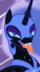 Size: 2160x3840 | Tagged: suggestive, artist:devanstar, derpibooru import, nightmare moon, alicorn, pony, abstract background, bust, drool, eyeshadow, female, glare, horny, kinky, lidded eyes, looking at you, makeup, mare, open mouth, sexy, smiling, smirk, solo, solo female, tongue out