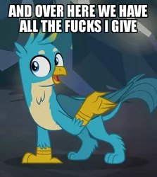 Size: 535x600 | Tagged: safe, derpibooru import, edit, edited screencap, screencap, gallus, gryphon, what lies beneath, beak, caption, claws, cropped, image macro, male, meme, mouth, open mouth, paws, solo, text, vulgar, wings, zero fucks given