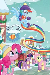 Size: 865x1292 | Tagged: safe, artist:tonyfleecs, derpibooru import, fluttershy, pinkie pie, rainbow dash, rarity, twilight sparkle, twilight sparkle (alicorn), alicorn, earth pony, pegasus, pony, unicorn, best gift ever, spoiler:book, book:best gift ever, boots, clothes, earmuffs, female, flying, hat, mare, ponyville, rainbow trail, scarf, shoes, snow, speed trail, sweater, toque, winter