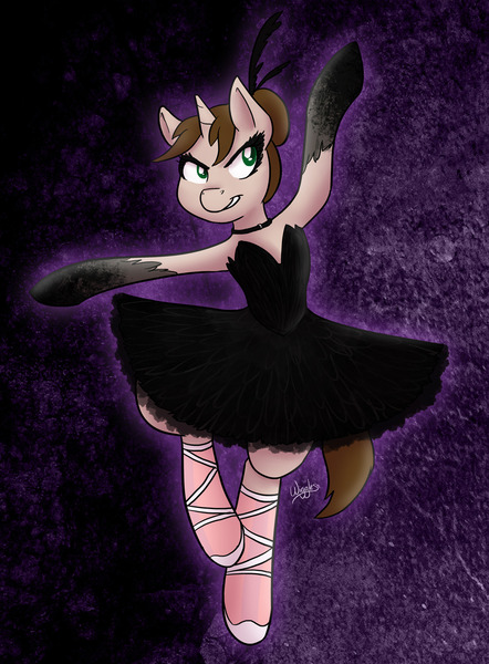 Size: 1106x1500 | Tagged: safe, artist:wiggles, derpibooru import, oc, oc:ryleigh, unofficial characters only, pony, unicorn, ballerina, ballet, black swan, clothes, collar, commission, converse, dancing, female, mare, princess tutu, shoes, solo, swan lake, tutu