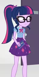 Size: 320x630 | Tagged: safe, derpibooru import, screencap, sci-twi, twilight sparkle, equestria girls, equestria girls series, rollercoaster of friendship, clothes, cropped, female, geode of telekinesis, glasses, magical geodes, mobile phone, phone, ponytail, skirt, smartphone, solo, sudden realization