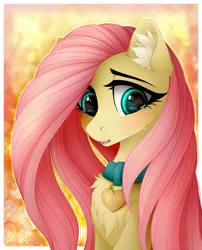 Size: 1945x2410 | Tagged: safe, artist:vird-gi, derpibooru import, fluttershy, pegasus, pony, abstract background, adorasexy, beautiful, bust, chest fluff, collar, crying, cute, ear fluff, female, flutterpet, looking away, looking down, mare, open mouth, pony pet, portrait, sad, sadorable, sexy, shyabetes, solo