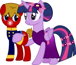 Size: 5000x4306 | Tagged: safe, derpibooru import, twilight sparkle, twilight sparkle (alicorn), oc, oc:max mustang, alicorn, absurd resolution, bun, canon, canon x oc, clothes, dress, duo, eyeshadow, female, flower, flower in hair, holding hooves, makeup, male, mare, maxlight (shipping), pin, simple background, snow tip nose, stallion, transparent background, uniform, vector