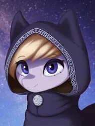 Size: 1587x2100 | Tagged: safe, artist:mrscroup, derpibooru import, oc, oc:eathelin, unofficial characters only, pony, equestria at war mod, bust, cat ears, clothes, female, hood, looking at you, mare, portrait, smiling, solo, starry background, stars