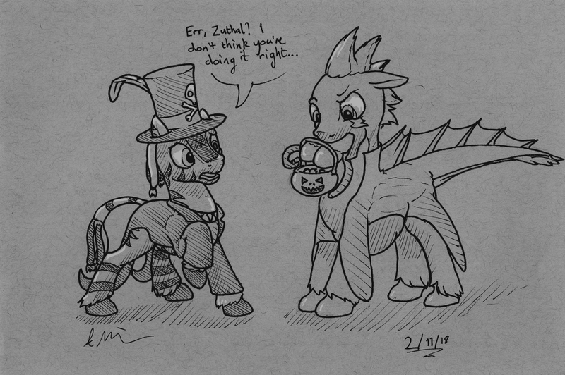 Size: 2000x1330 | Tagged: artist:theandymac, clothes, costume, derpibooru import, dialogue, fetish, inktober, inktober 2018, male, males only, monochrome, monster pony, nightmare night, oc, oc:ruzeth, oc:zuthal, original species, questionable, tatzlpony, traditional art, unofficial characters only, vore, zebra, zebra oc