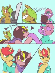 Size: 768x1024 | Tagged: safe, artist:mattdrawstoons, derpibooru import, oc, oc:arliel, oc:plasma heart, oc:red dive, unofficial characters only, earth pony, pony, unicorn, afro, amputee, augmented, broken horn, comic, cyoa, cyoa:space frontier, description is relevant, dialogue, horn, patreon, patreon reward, prosthetic limb, prosthetics, space, story included