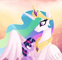 Size: 1400x1344 | Tagged: safe, artist:sonnatora, derpibooru import, princess celestia, twilight sparkle, pony, unicorn, cute, female, hug, jewelry, looking at each other, mare, momlestia, peytral, regalia, signature, smiling, sparkles, sweet dreams fuel, twiabetes, unicorn twilight, winghug, younger