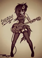 Size: 1687x2337 | Tagged: safe, artist:palmartz44, derpibooru import, oc, anthro, unicorn, anthro oc, clothes, guitar, hair over one eye, lingerie, messy mane, musical instrument, see-through, socks, stockings, thigh highs