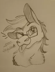 Size: 3542x4689 | Tagged: safe, artist:hytemast, deleted from derpibooru, derpibooru import, oc, unofficial characters only, earth pony, pony, :p, absurd resolution, black and white, bust, chest fluff, doodle, glasses, grayscale, hat, looking at you, male, monochrome, one eye closed, paper, pencil, signature, silly, simple background, solo, stallion, tongue out, traditional art, white background, wink