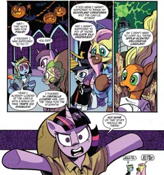 Size: 962x1023 | Tagged: safe, artist:andypriceart, derpibooru import, idw, applejack, fluttershy, pinkie pie, rainbow dash, rarity, twilight sparkle, twilight sparkle (alicorn), alicorn, pony, spoiler:comic, spoiler:comic71, bride of frankenstein, comic, cropped, female, frankenstein's monster, hunchback of notre dame, larry talbot, mane six, mare, official comic, phantom of the opera, quasimodo, speech bubble, the mummy, the wolf man