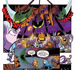 Size: 1011x951 | Tagged: safe, artist:andypriceart, derpibooru import, idw, gallus, silverstream, smolder, classical hippogriff, gryphon, hippogriff, spoiler:comic, spoiler:comic71, comic, cropped, pendulum, speech bubble, tentacles, the lone ranger, the pit and the pendulum (1961), vincent price