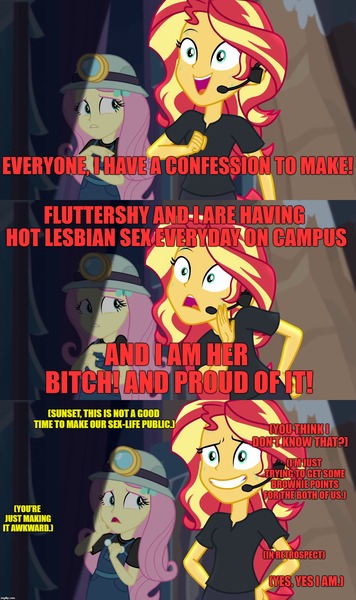 Size: 1280x2160 | Tagged: suggestive, derpibooru import, edit, edited screencap, screencap, fluttershy, sunset shimmer, equestria girls, equestria girls series, opening night, awkward, caption, comic, confession, female, image macro, implied sex, lesbian, meme, opening night: sunset shimmer, screencap comic, shipping, sunshyne, text