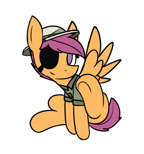 Size: 750x802 | Tagged: safe, artist:mr. rottson, deleted from derpibooru, derpibooru import, scootaloo, pony, clothes, cosplay, costume, eyepatch, female, filly, hat, pith helmet, shirt, simple background, sitting, smiling, solo, spread wings, transparent background, underhoof, wings