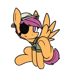 Size: 750x802 | Tagged: safe, artist:mr. rottson, deleted from derpibooru, derpibooru import, scootaloo, pony, clothes, cosplay, costume, eyepatch, female, filly, hat, pith helmet, shirt, simple background, sitting, smiling, solo, spread wings, transparent background, underhoof, wings