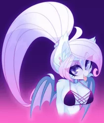 Size: 1078x1280 | Tagged: suggestive, artist:zombie, derpibooru import, oc, oc:nebula nouveau, unofficial characters only, anthro, bat pony, anthro oc, bat pony oc, bat wings, belly button, blushing, breasts, clothes, female, looking at you, solo, solo female, tongue out, wings