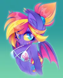 Size: 1016x1250 | Tagged: suggestive, artist:zombie, derpibooru import, oc, oc:stellar sundown, unofficial characters only, anthro, bat pony, anthro oc, bat pony oc, bat wings, belly button, blushing, breasts, clothes, female, looking at you, smiling, solo, solo female, wings