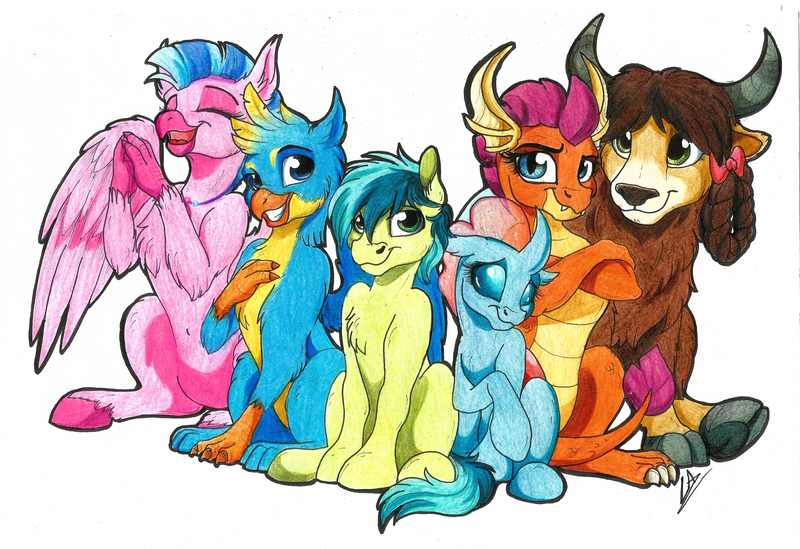 Size: 3402x2334 | Tagged: safe, artist:lupiarts, derpibooru import, gallus, ocellus, sandbar, silverstream, smolder, yona, changedling, changeling, classical hippogriff, dragon, earth pony, gryphon, hippogriff, pony, yak, season 8, spoiler:s08, bow, braid, cloven hooves, colored hooves, colored pencil drawing, commission, cute, diaocelles, diastreamies, dragoness, female, fluffy, gallabetes, group, hair bow, jewelry, male, monkey swings, necklace, sandabetes, simple background, sitting, smiling, smolderbetes, student six, teenager, traditional art, unshorn fetlocks, white background, yonadorable