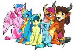 Size: 3402x2334 | Tagged: safe, artist:lupiarts, derpibooru import, gallus, ocellus, sandbar, silverstream, smolder, yona, changedling, changeling, classical hippogriff, dragon, earth pony, gryphon, hippogriff, pony, yak, season 8, spoiler:s08, bow, braid, cloven hooves, colored hooves, colored pencil drawing, commission, cute, diaocelles, diastreamies, dragoness, female, fluffy, gallabetes, group, hair bow, jewelry, male, monkey swings, necklace, sandabetes, simple background, sitting, smiling, smolderbetes, student six, teenager, traditional art, unshorn fetlocks, white background, yonadorable