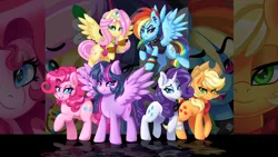 Size: 3840x2160 | Tagged: safe, alternate version, artist:ciderpunk, derpibooru import, applejack, fluttershy, pinkie pie, rainbow dash, rarity, twilight sparkle, twilight sparkle (alicorn), alicorn, earth pony, pony, alternate hairstyle, bandage, bandana, blinking, bracelet, bust, choker, clothes, ear piercing, earring, flower, flower in hair, hippie, jewelry, looking at you, makeup, mane six, piercing, punk, scarf, shirt, smiling, smirk, wallpaper