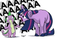 Size: 1280x848 | Tagged: dead source, safe, artist:greyscaleart, derpibooru import, spike, twilight sparkle, dragon, pony, unicorn, aaaaaaaaaa, colored hooves, confused, eye twitch, female, frown, head tilt, hoers, looking at you, male, mare, open mouth, screaming, shrug, simple background, unicorn twilight, wat, white background, wide eyes