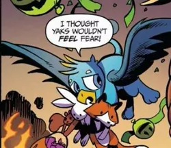 Size: 387x334 | Tagged: safe, artist:andypriceart, derpibooru import, idw, gallus, fox, gryphon, rabbit, squirrel, spoiler:comic, spoiler:comic71, animal, cropped, flying, male, paws, speech bubble, spread wings, wings