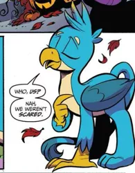 Size: 411x528 | Tagged: safe, artist:andypriceart, derpibooru import, idw, gallus, gryphon, spoiler:comic, spoiler:comic71, claws, cropped, eyes closed, leaf, male, official comic, paws, simple background, smiling, smug, speech bubble, tail, white background, wings